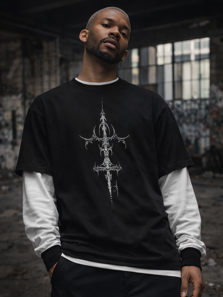 Demise Layered Contrast Sleeve Cotton T-Shirt