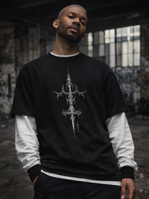 Demise Layered Contrast Sleeve Cotton T-Shirt