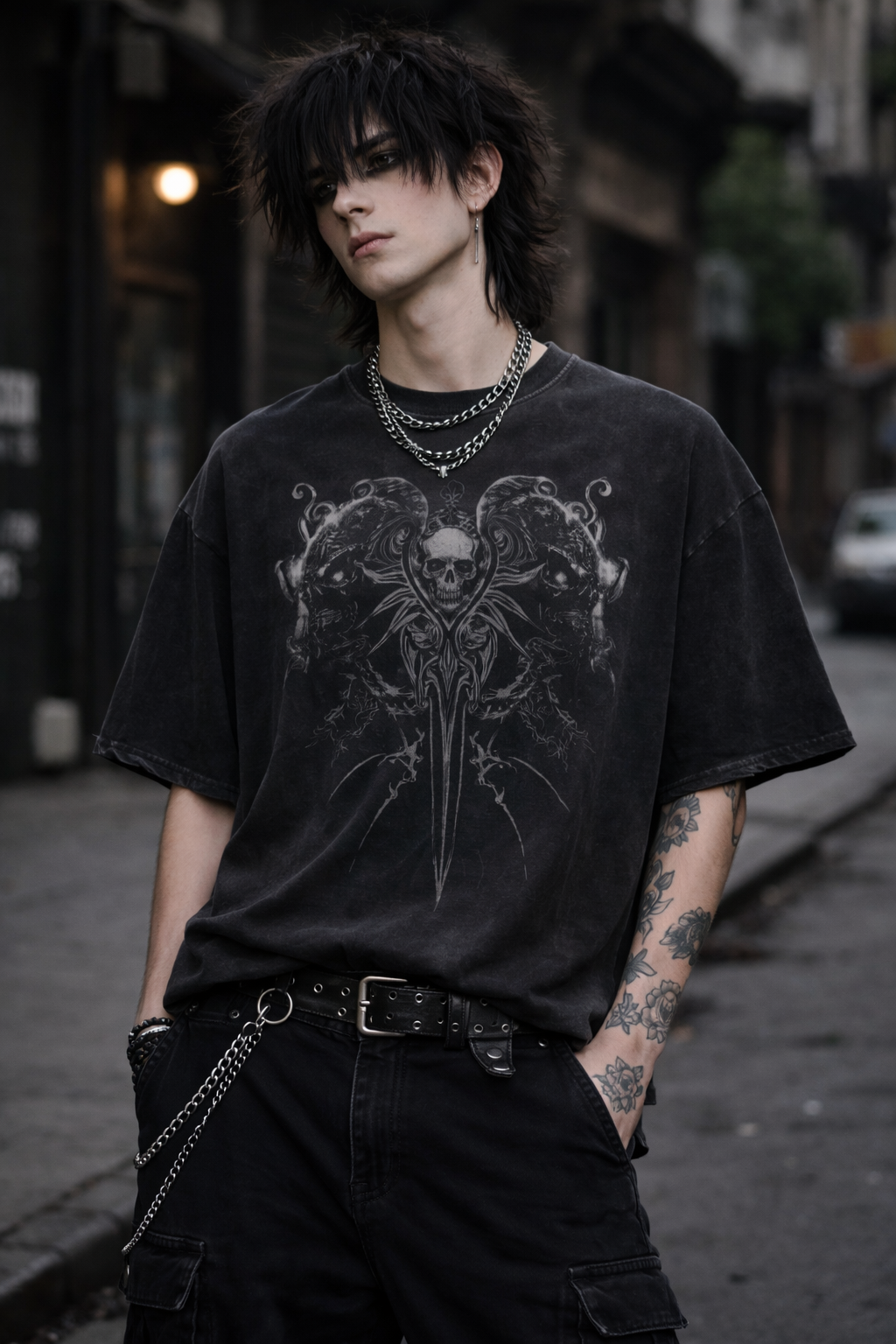 Skull Raw Edge Snow Washed Boxy T-Shirt